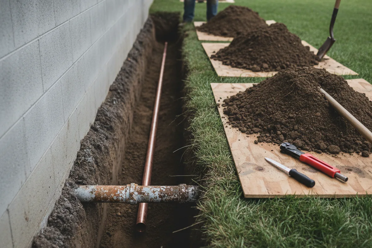 Excavated water line trench during Water Heater Repair in Falkville